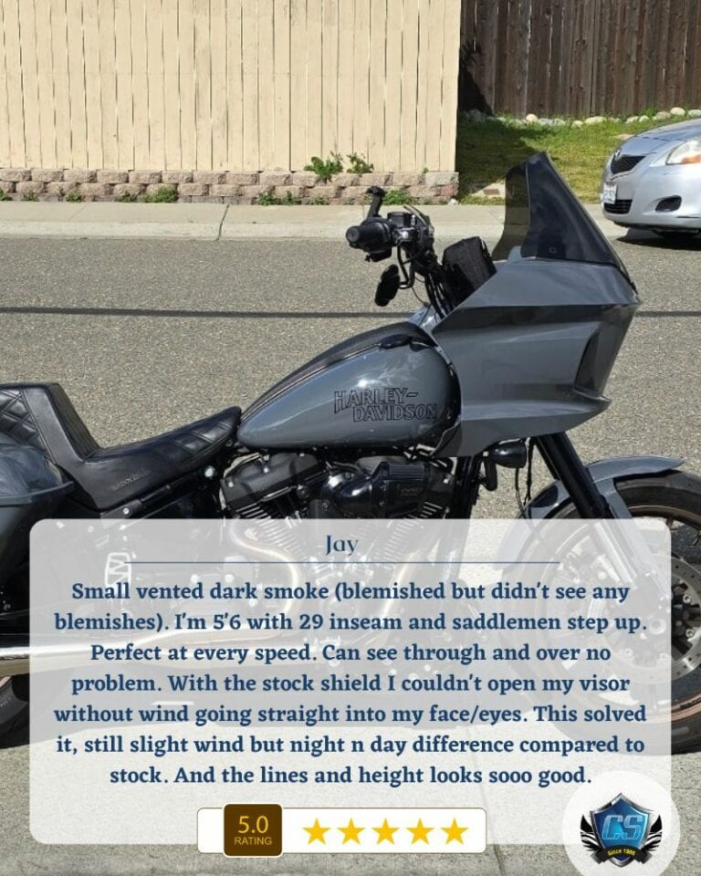 Best Aftermarket Windshield for Harley-Davidson 7 Small vented dark smoke blemished but didnt see any blemishes. Im 56 with 29 inseam and saddlemen step up. Perfect at every speed. Can see through and over no problem. With the stock shield I