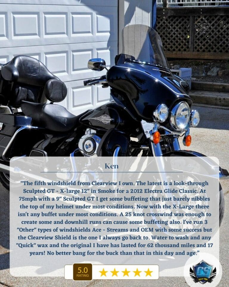 Best Aftermarket Windshield for Harley-Davidson 5 The fifth windshield from Clearview I own. The latest is a look through Sculpted GT X large 12 in Smoke for a 2012 Electra Glide Classic