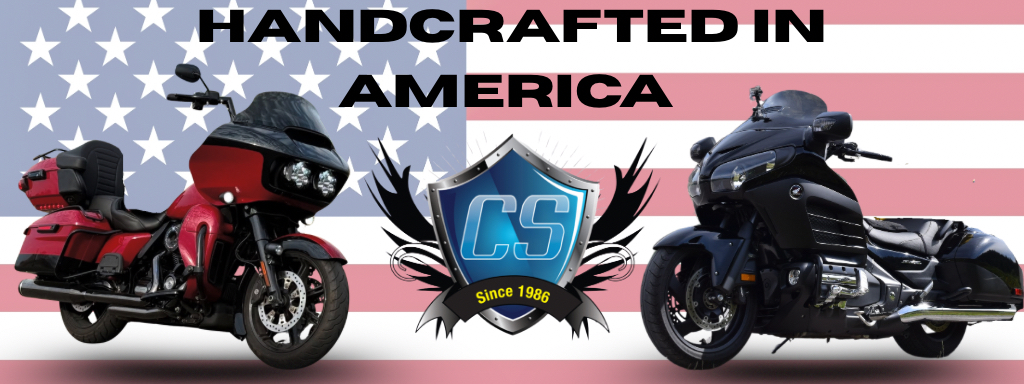AMERICAN MADE banner with motorcycles in front of an American flag with the ClearView Shields logo in between the bikes