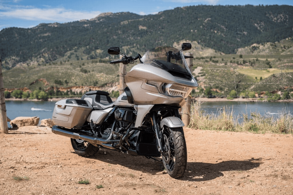 Choosing Your Shield 13 Close-up of a Harley-Davidson Road Glide touring windshield on a scenic mountain ride