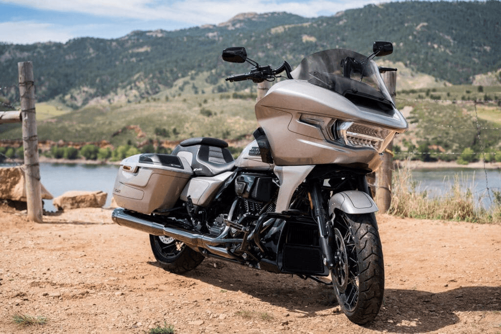 Choosing Your Shield 15 Harley-Davidson Road Glide touring motorcycle with Clearview windshield at a scenic mountain overlook